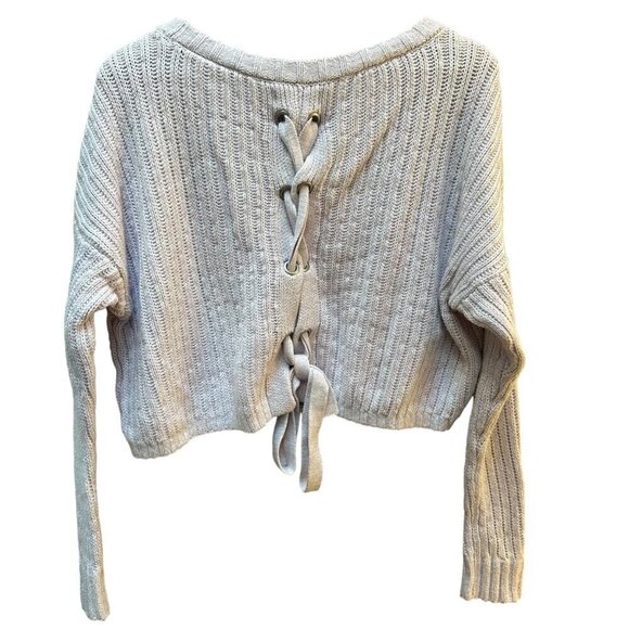 Hollister Chunky Sweater Tie Up Back Cropped Beige Boho Festival Size SM - Picture 2 of 6